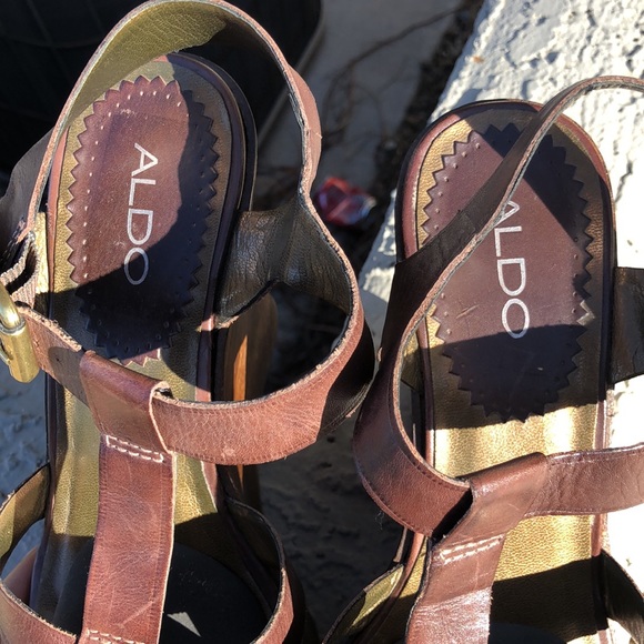 Brown Leather Aldo Wooden Platform Wedge Heeled Sandals!! Size 39 or 8.5 - Picture 15 of 16